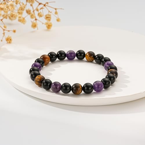 Gnamy Healing Crystal Bracelet for Women, Natural Stone Beaded Healing Crystal Bracelet Triple Protection Stress Relief Beads Jewelry Birthday Gifts Jewelry for Her - style: Triple Protection-2