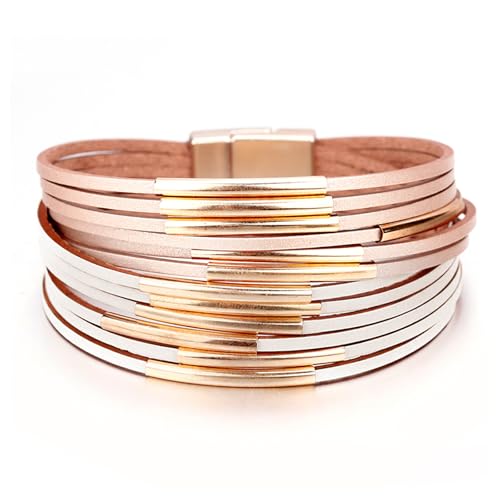 Fesciory Leather Wrap Bracelets for Women, Boho Leopard Multi-Layer Crystal Beads Cuff Bracelet Jewelry - color: Beige and Champagne