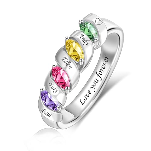 MissNaNa Mothers Ring With 1/2/3/4/5/6 Birthstones Personalized Engraved Name Rings for Women Stacking Birthstone Ring for Mom Grandma Daughter Wife Birthday Christmas Gift - color: 4 Stones