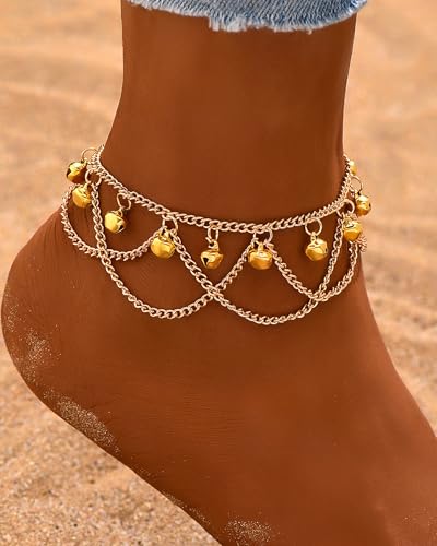 Gold Bell Anklets for Women Dainty Boho Bell Charm Ankle Bracelets Trendy Adjustable Tinkle Bell Anklets Summer Beach Chainlets Hawaiian Foot Jewelry Accessories