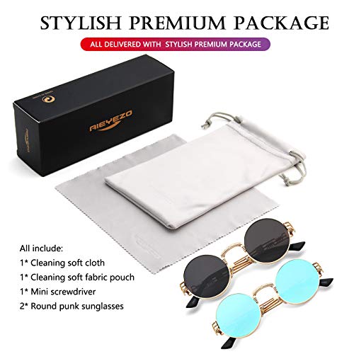 AIEYEZO Round Steampunk Sunglasses for Men Women Retro Circle Hippie Glasses Metal Frame 100% UV Blocking Lens - color: 2 Pack (Gold/Grey, Gold/Ice Blue Mirror)