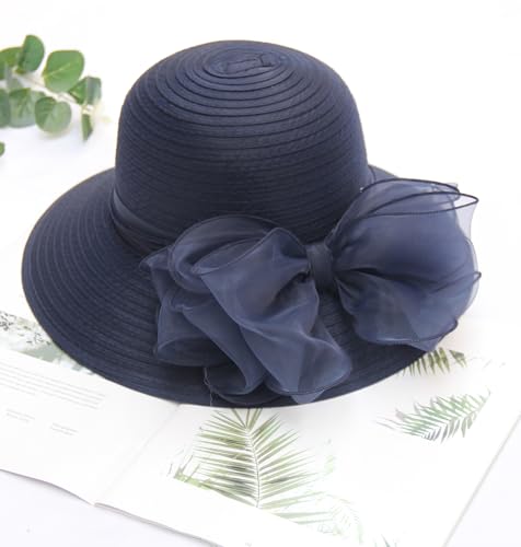 Women's Kentucky Derby Church Dress Hat Wide Brim Leaf Flower Bridal Shower Hat - color: 01 Darkblue