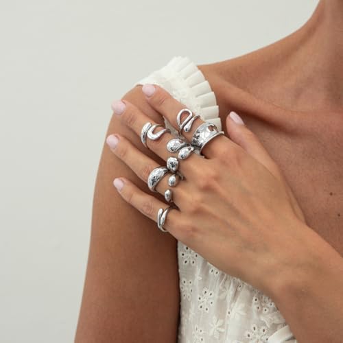 Chunky Gold Rings for Women Non Tarnish Silver Chunky Rings Set Adjustable Thick Statement Ring Gold Stackable Ring for Women Trendy Fashion Silver Jewelry - style: Style6