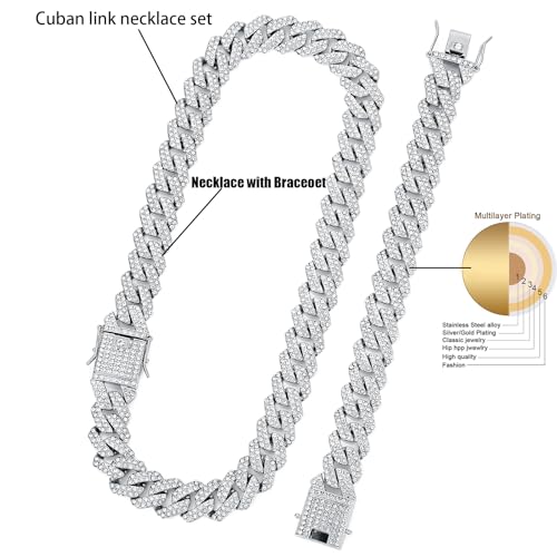 HIPBLING Miami Cuban Link Chain Bracelet Set for Men Rhinestone 2 Pcs Cuban Necklace Bracelet Silver Plated 20mm Iced Out Cuban Chain for Men Women Jewelry Set Gift - style: 22 inch