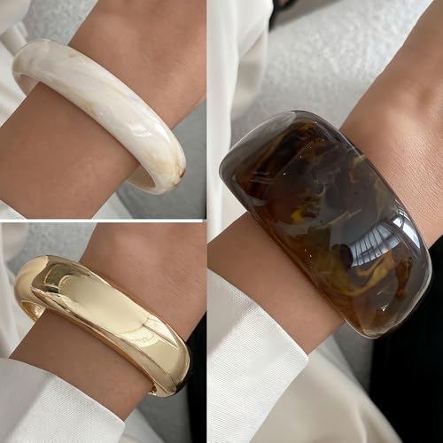 FAXHION Chunky Resin Acrylic Bangle Bracelets for Women, Colorful Wide Geometric Bangles Set, Statement Stackable Bracelet Jewelry Gift - color: Dark Brown