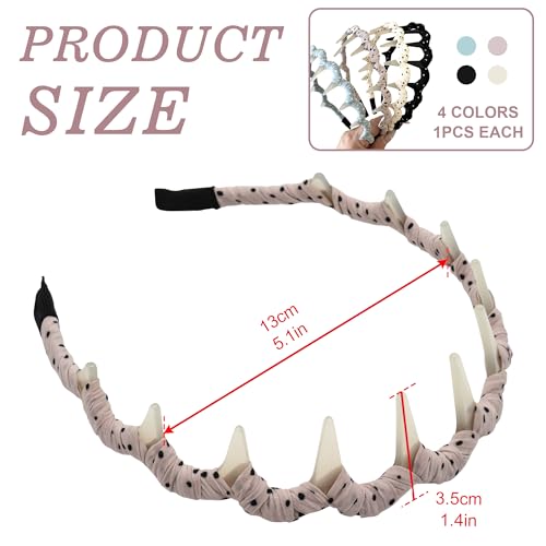 4 Pcs Polka Dot Headbands with Teeth for Women, Thin Non-Slip Comb Hairbands, Cute Wrapped Hard Head Bands, Toothed Hair Accessories for Washing Face & Daily Wear - color: Polka Dot