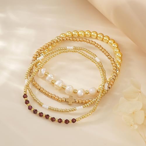 4pcs Gold Beaded Pearl Bracelets Set for Women Multi Layer Versatile Stackable Stretch Cuff Sparkly Stone Crystal Gemstone Jewelry Birthday Gifts - color: Red Garnet