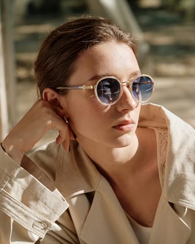 CARFIA Retro Round Sunglasses for Women Polarized UV Protection, Durable Acetate-Metal Frame Designer Eyewear CA1951 - color: 4. White Frame + Gradient Blue Lens