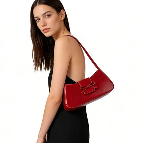 Shoulder Bags for Women Coquette Bow Purse Y2k Bag Small Cute Purses Mini Hobo Handbag Faux Leather Shoulder Purse - color: Red