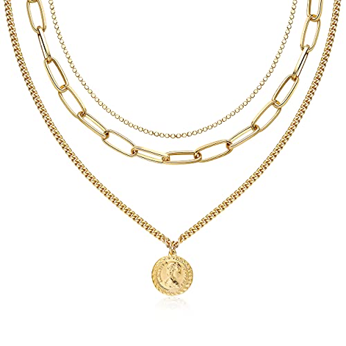 6PCS Layered Gold Necklaces for Women Trendy, 18K Gold Plated Cross Pendant Necklace Set, Vintage Chunky Gold Necklace Stack for Women Jewelry Gifts - style: Chunky Layered Necklace
