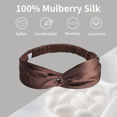 ZLYC Mulberry Silk Headband Elastic Twist Knotted Head Bands for Women's Hair, Solid Coffee - color: Solid Coffee