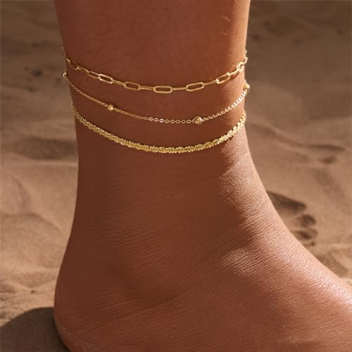 MIDEEO Gold/Silver Ankle Bracelets for Women,14K Gold Anklets for Women Waterproof Cuban Link Heart Beads Herringbone Rhinestone Anklets Set Layered Anklet Bracelets for Women Gold Jewelry Gift - style: 3Pcs Anklets H-Gold