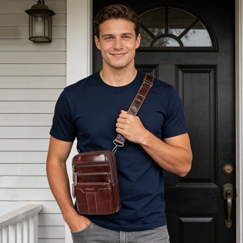 Leather Messenger Bag for Men, Small Leather Sling Shoulder Bag Messenger Pack for Men, Man Purse - color: Medium Brown