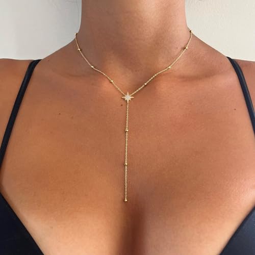 Gold Necklace for Women - Dainty Long Lariat Necklace 14K Gold Plated Clover Star Teardrop CZ Y Shaped Drop Necklaces Cute Long Necklaces for Women Trendy Prom Formal Womens Jewelry - color: Gold-Star Drop