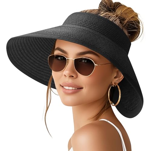 NPQQUAN Sun Visor Hats for Women Wide Brim Ponytail Straw Beach Hat Packable Foldable UPF 50+ Floppy Travel Hats - color: (Black)), style: Classic