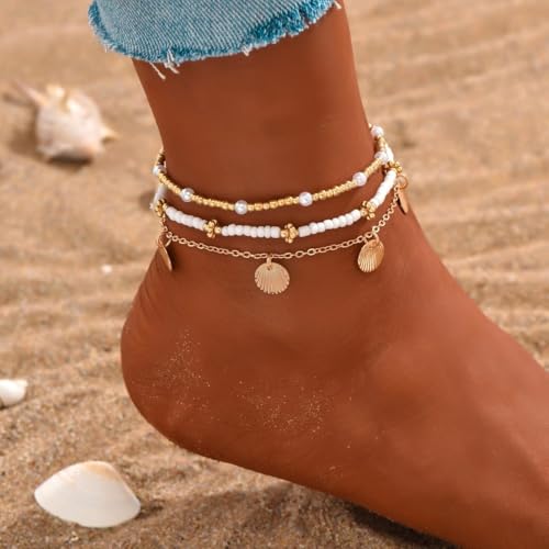 Stack Anklets Ankle Bracelets for Women Adjustable Waterproof Beach Jewelry Set Boho Gold Seashell Bead Surf Foot Chain Summer Gifts - color: 3pcs-White