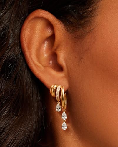 Triple Huggie Stacked Earrings for Women Gold Chain Drop Dangle Earrings Cute Statement CZ Earrings Trendy Dainty Jewelry Gift - color: Gold 1