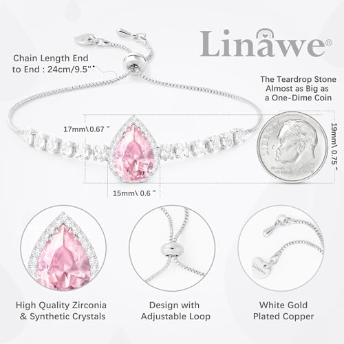 Linawe Crystal Imitation Diamond Rhinestone Charm Bracelets for Women, Gold/Silver/Rose Gold Adjustable Chain Bracelet, Teardrop Birthstone Cubic Zirconia Prom Costume Wedding Jewelry - color: Silver,June,Oct