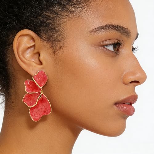 Chunky Earrings Big Statement Earrings for Women Trendy Large Floral Ginkgo Leaf Flower Earring Irregular Long Drop Dangle Earrings Chunky Jewelry - style: 1 - Red