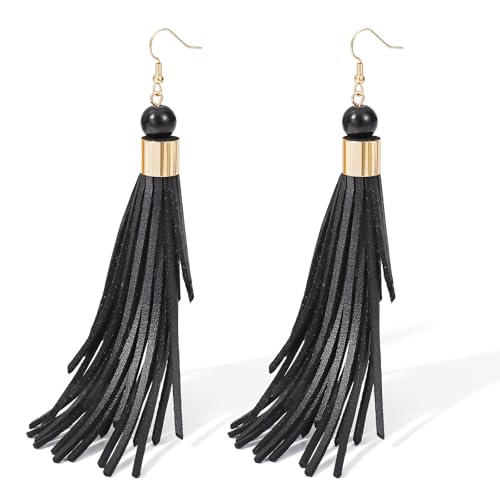 Coiris Boho Leather Layered Tassel Earrings for Women Lightweight Leather Fringe Dangle Earrings Handmade Bohemian Summer Beach Western Drop Earrings for Women - color: Black