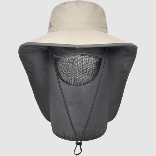 Womens Sun Hat Wide Brim UPF50+ Outdoor Sun Protection Ladies Fishing Hat with Neck Flap Detachable Face Cover - color: Khaki