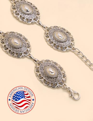 TOPACC Western Metal Concho Belt for Women Cowgirl Chain Belts for Dresses Jeans Country Concert Outfit - color: E Silver, size: Fit Waist: 33-34 in