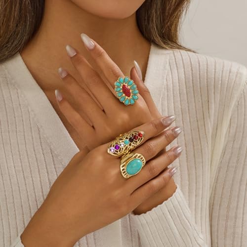 Bohemian Turquoise Ring for Women Chunky Gold Flower Statement Rings Vintage Round Turquoises Stackable Knuckle Ring Set for Women Western Jewelry - style: Turquoise ring-4Pcs