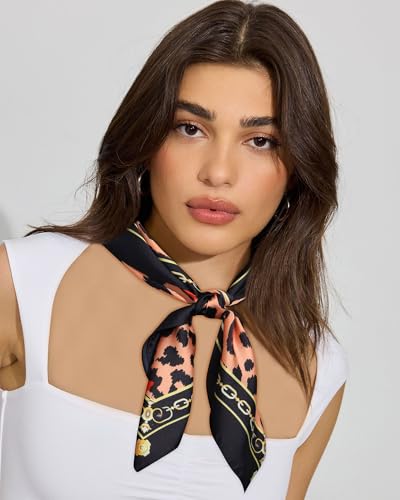 AWAYTR 27.5” Square Satin Head Scarf Hair Scarf for Women's Hair Silk Bandana for Women Silk Head Wrap for Sleeping - color: Leopard (Oil Green)