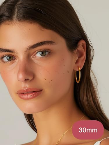 FOCALOOK 14K Gold Plated Lightweight Large Hoops| 2mm Thin Hoop Earrings for Women 30/40/50/70/100mm - color: 01.Gold, size: 30mm