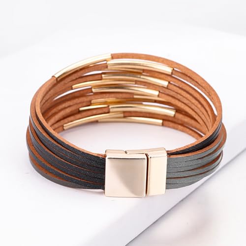 Fesciory Leather Wrap Bracelets for Women, Boho Leopard Multi-Layer Crystal Beads Cuff Bracelet Jewelry - color: Black and Gray