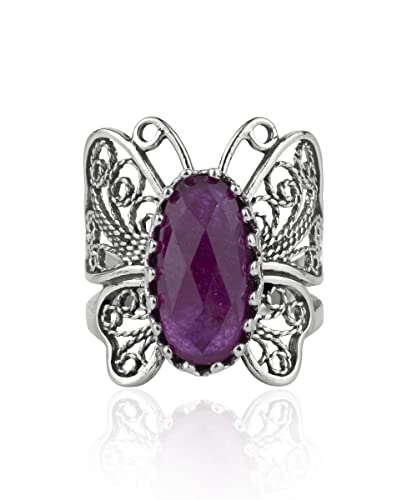 Filigranist Sterling Silver Filigree Art Butterfly Women Cocktail Ring with Gemstones - color: Ruby Corundum