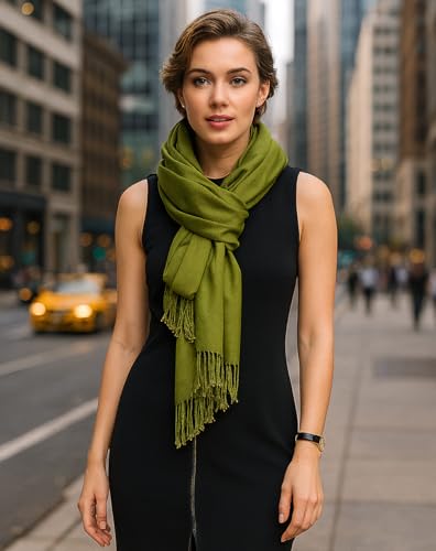 Achillea Lightweight Pashmina Scarf for Women – Soft Silky Shawl Wrap for Evening Dresses, Bridesmaids & Everyday Wear - color: Olive Green
