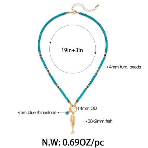 Gold Fish Necklace For Women Blued Beaded Strand Toggle Necklace With Gold Fish Pendants Dainty Summer Beach Turquoise Jewelry - style: Cute Fish