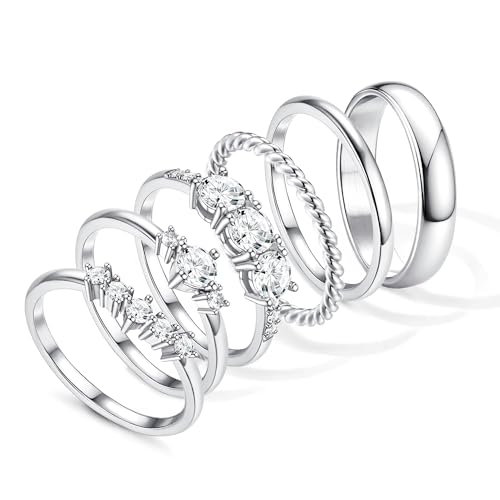 Besteel Gold Rings for Women - Non Tarnish 14K Gold Plated Stackable Rings, Dainty Cubic Zirconia Thin Thumb Ring Set, Trendy Statement Promise Wedding Bands Engagement Ring for Women Size 6-10 - color: Silver Plated