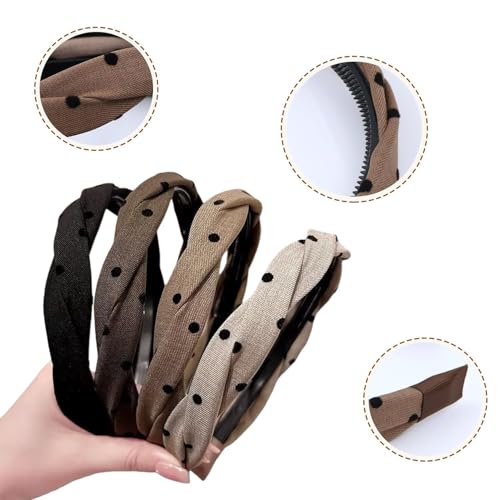 4 Pcs Polka Dot Headbands with Teeth for Women, Twisted Knotted Non-Slip Comb Hairbands, Ribbed Fabric Wrapped Hard Hair Hoops, Vintage Neutral Hair Accessories for Girls Daily Wear - color: Polka Dot Twist