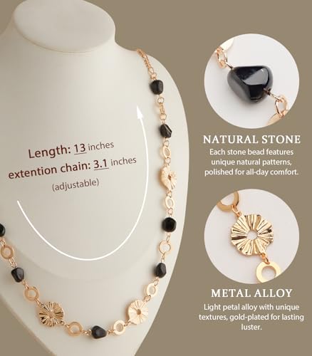 Long Gold Necklaces for Women Dainty Natural Stone Beaded Gold Necklace Mothers Day Gifts Boho Gold Costume Jewelry for Women - color: Black