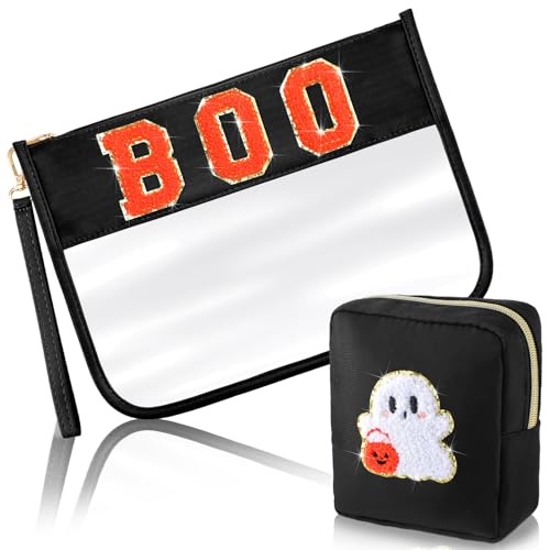 Hillban 2 Pcs Summer Halloween Gifts Chenille Letter Bags Boo Patch Makeup Bag Spooky Pumpkin Flat Clear Pouch PVC Organizer Purse Waterproof Travel Cosmetic Bag Portable Storage Case for Women - style: Boo Theme