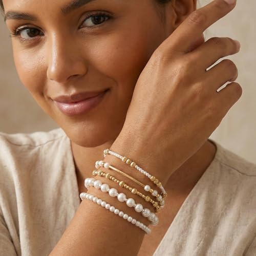 14K Gold Plated Beaded Bracelets Stack Set for Women,Stretch Boho Colorful Beads Ball Jewelry Friendship Summer Trendy - color: Gold silver pearl