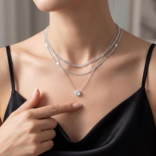 WomenGifts Layered Gold Necklaces for Women, 14K Gold Sterling Silver Plated Dainty Pendant Necklace Set Non Tarnish, Chunky Stackable Cuban Chain Choker, Trendy Birthstone Vacation Jewelry Gift - color: Silver, style: Cubic Zirconia
