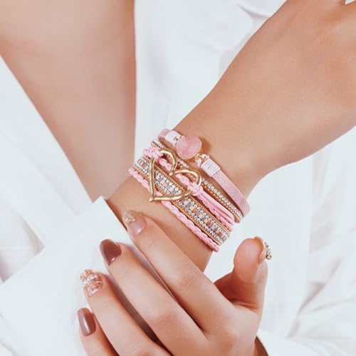 Boho Leather Wrap Bracelets Beaded Stackable Cuff Bracelet Country Concert Outfits Cowboy Cowgirl Western Jewelry Gifts for Women - color: Heart-Pink