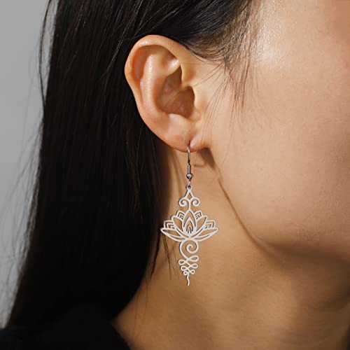 TEAMER Stainless Steel Lotus Flower Dangle Earrings Bohemian Drop Earring Unique Geometric Jewelry for Women - color: Lotus 2-Steel Color