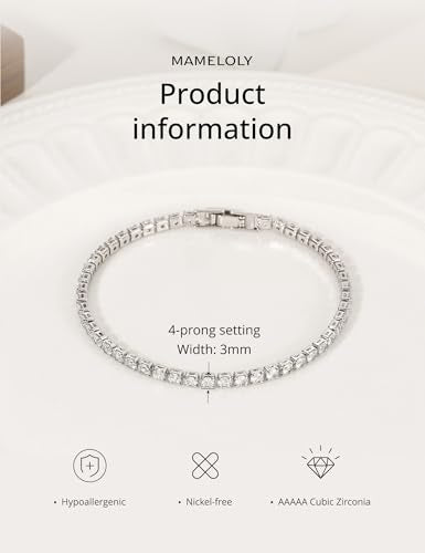 Mameloly 3mm Cubic Zirconia Classic Tennis Bracelet Silver Round Charm CZ Bracelets for Women Size 6.5-7.5 Inch