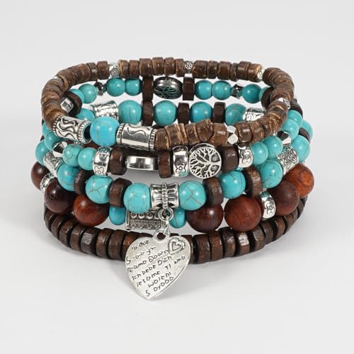 COLORFUL BLING Boho Turquoise Wooden Beaded Stretch Bracelets Stackable Turtle Butterfly Elephant Shell Heart Charms Bracelet for Women Men Western Jewelry Gifts - style: Set 3