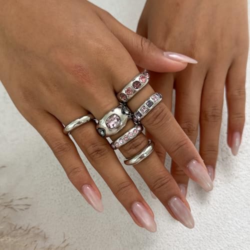 Chunky Gold Rings for Women Non Tarnish Silver Chunky Rings Set Adjustable Thick Statement Ring Gold Stackable Ring for Women Trendy Fashion Silver Jewelry - style: Style8-Purple Gemstone Silver 6Pcs