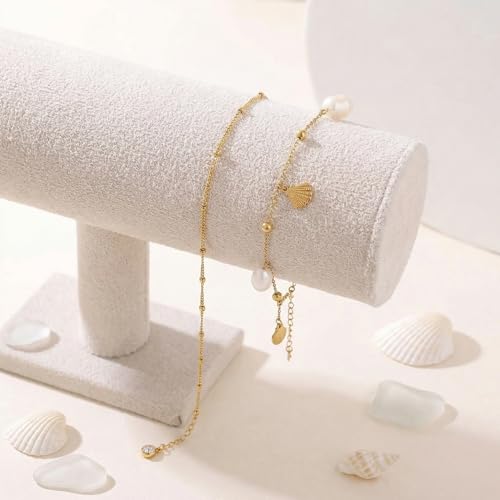 Dainty Gold Shell Pearl Charm Ankle Bracelet for Women Trendy non-Tarnish Adjustable Anklet Summer Beach Fashion Jewelry Gift - color: Pearl