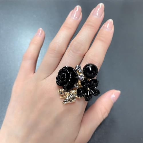 CZ Rose Flower Wedding Ring for Women Statement Engagement Round Rhinstone Crystal Aryclic Daisy Plumeria Adjustable Open Wrap Finger Rings Comfort Fit Cocktail Party Valentine Jewelry - color: Black