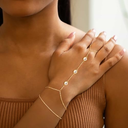 CHESKY 14k Gold Plated Hand Chain Bracelet for Women Trendy, Dainty Ring Bracelets Hand Chain Finger Nail Bracelet Simple Gold Hand Jewelry for Women Gifts - style: CZ