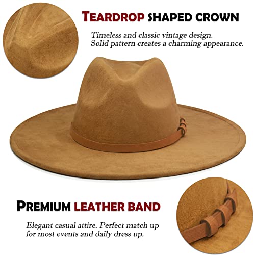 FLUFFY SENSE. Big Wide Brim Fedora Hat for Women - Nashville Outfits Western Hats Women's Felt Panama Rancher Hat - color: Caramel
