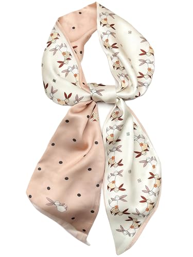 kcctoo 59” Long Silk Like Head Scarf Women's Fashion Square Neck Satin Scarfs for Bag Hair Scarves Gift 59 * 5.9” - color: G2 Cute Rabbit Beige 59" X 5.9"
