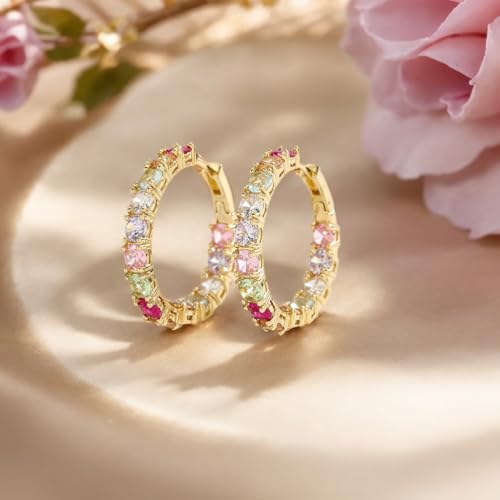 Colorful Hoop Earrings, Sparkly Crystal Cubic Zirconia Hoop Earrings for Women Hypoallergenic Small Hoop Earrings for Birthday Jewelry - color: Colorful-2